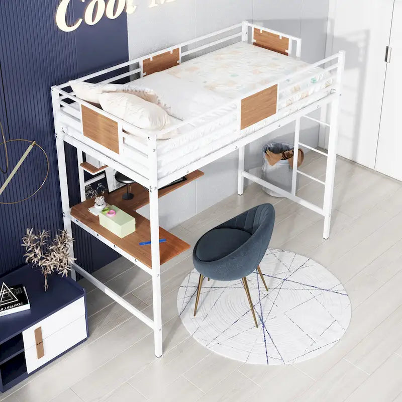 Twin Metal Loft Bed with Desk and Shelve