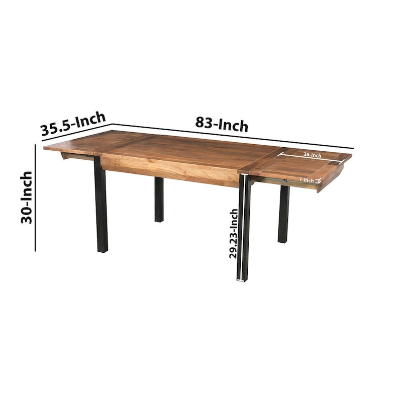 83 Inch Extendable Rectangular Dining Table, Handcrafted Mango Wood with Black Iron Legs