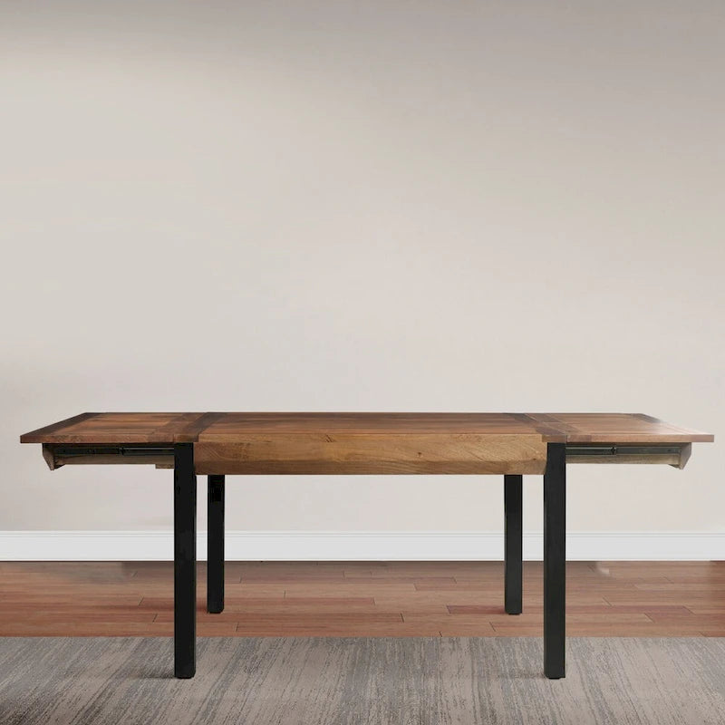 83 Inch Extendable Rectangular Dining Table, Handcrafted Mango Wood with Black Iron Legs