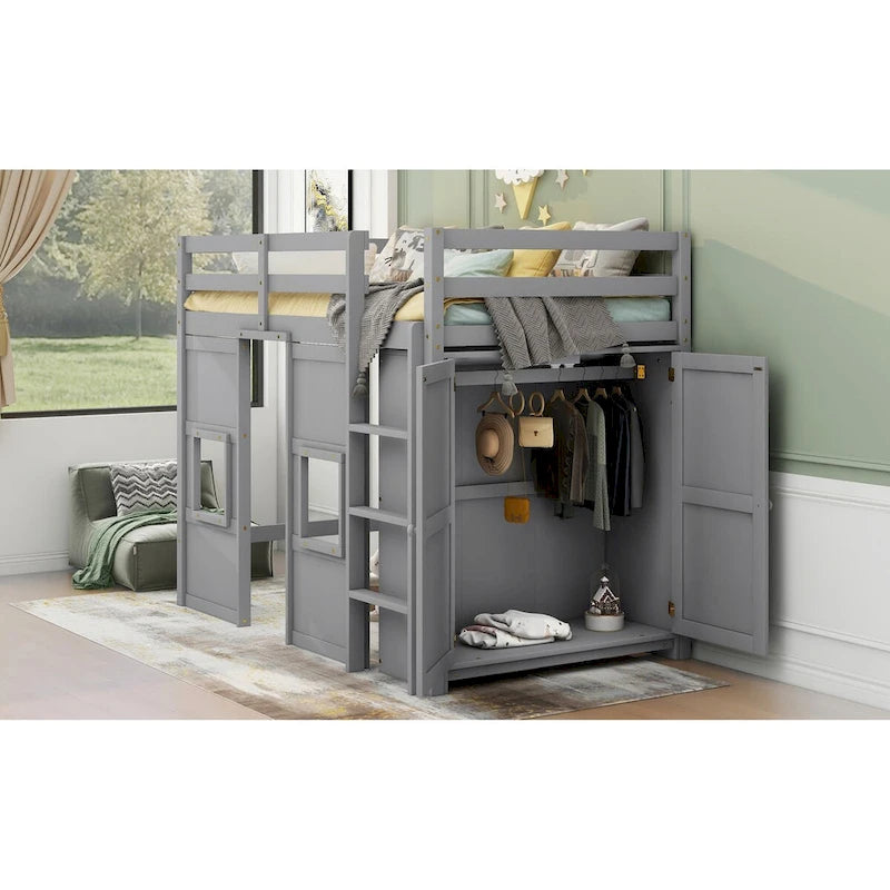 Twin Loft Bed with Wardrobe Kids Loft Bed with 2 Windows Twin Size Wood Playhouse Loft Bed Frame