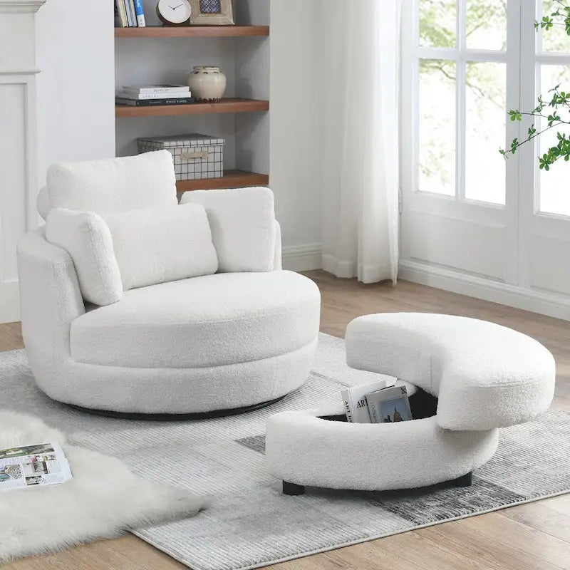 39W Oversized Swivel Chair,moon storage ottoman,Loveseat Circle Swivel Barrel Chairs Cuddle Sofa Lounger Armchair,4 Pillows