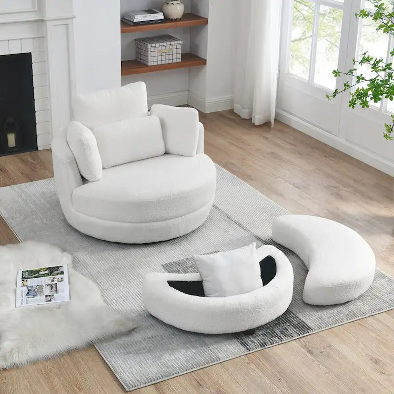 39W Oversized Swivel Chair,moon storage ottoman,Loveseat Circle Swivel Barrel Chairs Cuddle Sofa Lounger Armchair,4 Pillows