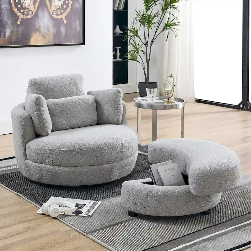 39W Oversized Swivel Chair,moon storage ottoman,Loveseat Circle Swivel Barrel Chairs Cuddle Sofa Lounger Armchair,4 Pillows