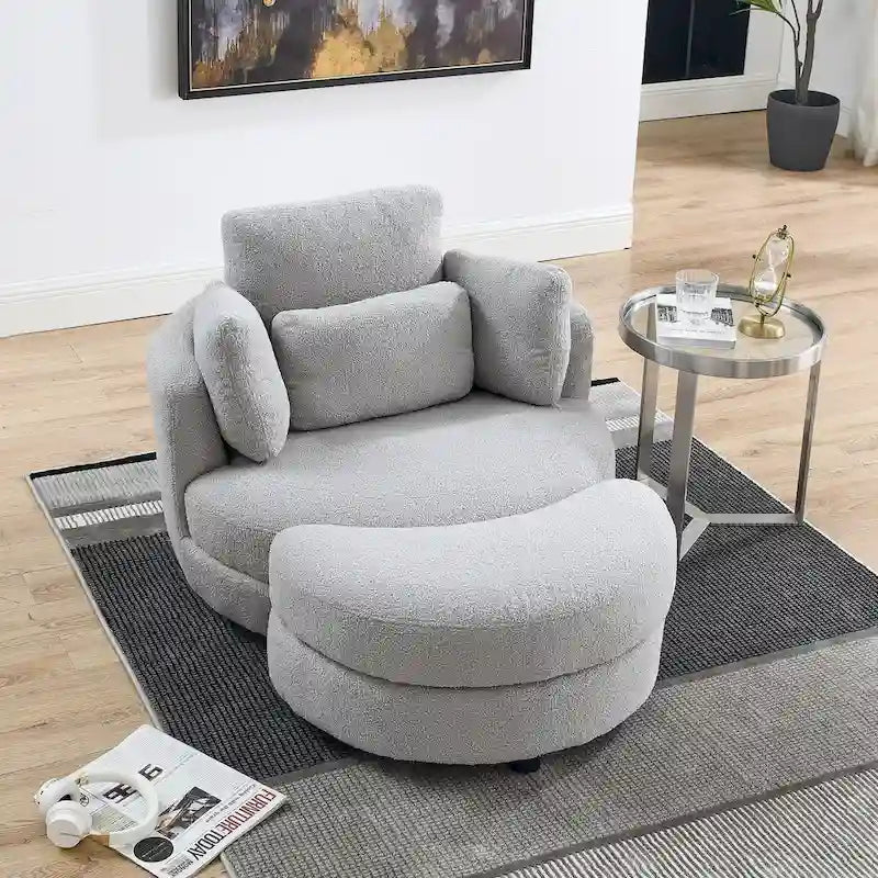 39W Oversized Swivel Chair,moon storage ottoman,Loveseat Circle Swivel Barrel Chairs Cuddle Sofa Lounger Armchair,4 Pillows