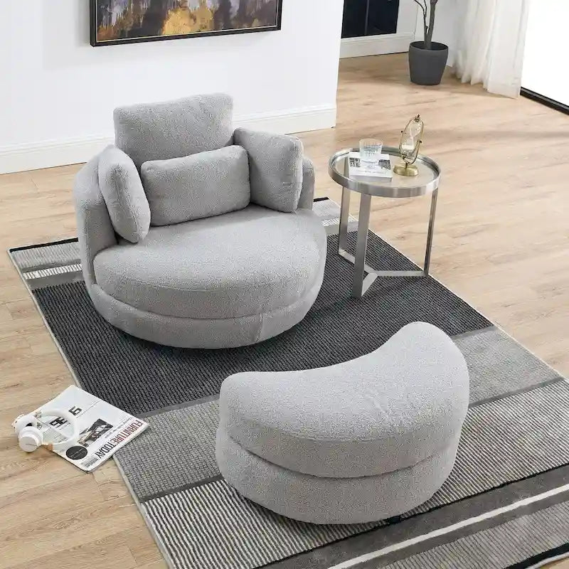 39W Oversized Swivel Chair,moon storage ottoman,Loveseat Circle Swivel Barrel Chairs Cuddle Sofa Lounger Armchair,4 Pillows
