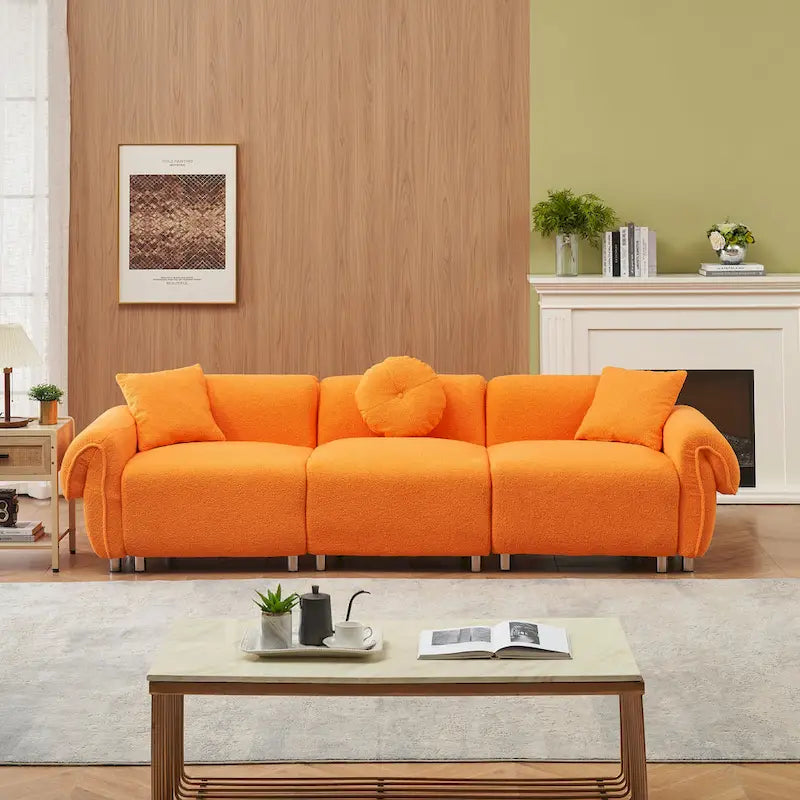 Orange Teddy Velvet Fabric,with 3 Pillows,Three-person Sofa Can be Placed in the Living Room and Other Scenes