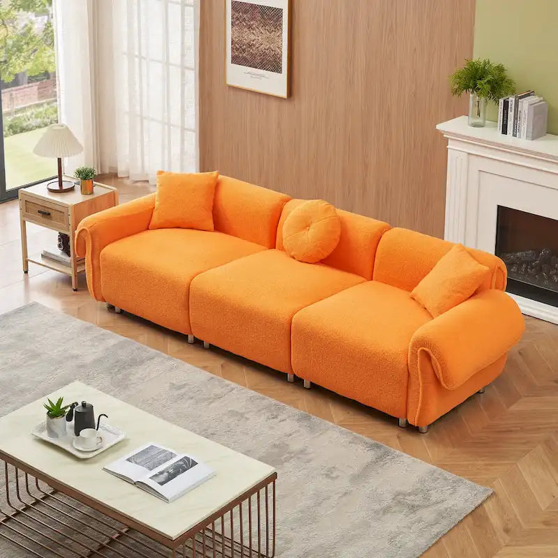 Orange Teddy Velvet Fabric,with 3 Pillows,Three-person Sofa Can be Placed in the Living Room and Other Scenes