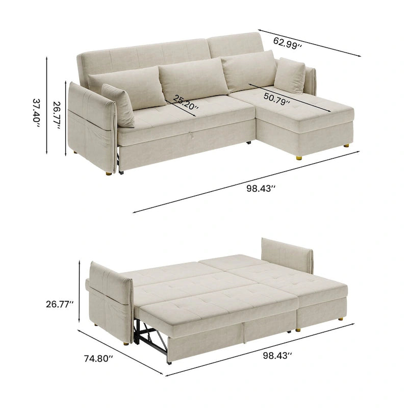 98.43 Modern Minimalist L Shape Sofa BedAnti-scratch and Water-proof, Solid Wood Frame