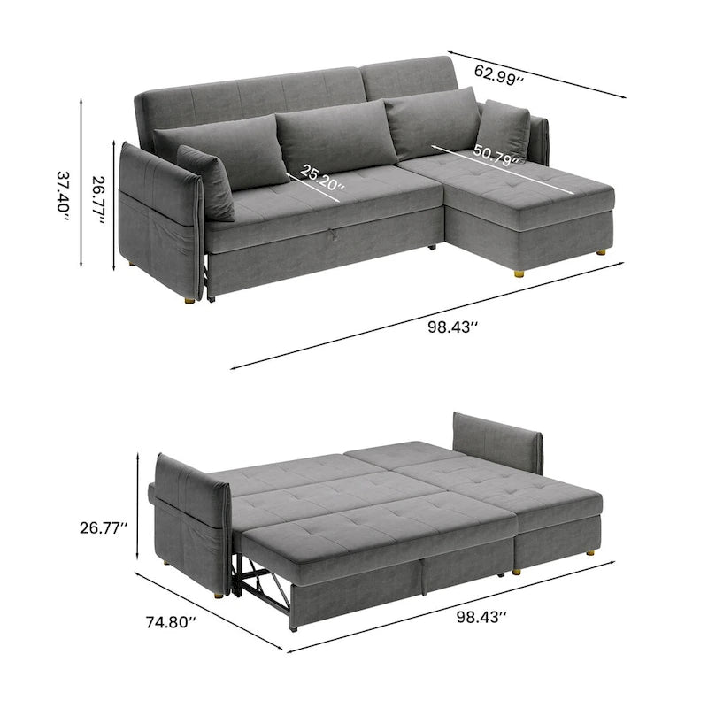 98.43 Modern Minimalist L Shape Sofa BedAnti-scratch and Water-proof, Solid Wood Frame
