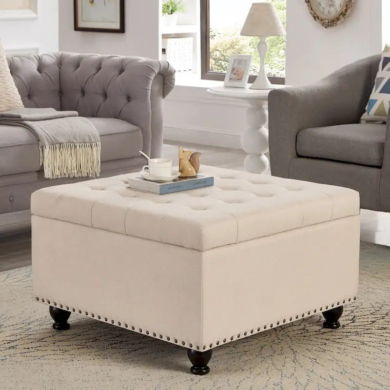 Large Square Storage Ottoman Upholstered Button Tufted Coffee Table - 30W x 30D x 18H.