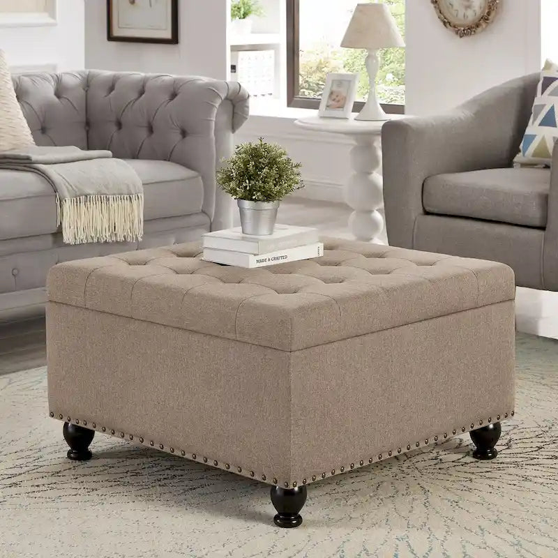 Large Square Storage Ottoman Upholstered Button Tufted Coffee Table - 30W x 30D x 18H.