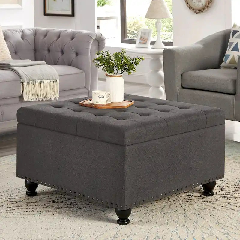 Large Square Storage Ottoman Upholstered Button Tufted Coffee Table - 30W x 30D x 18H.