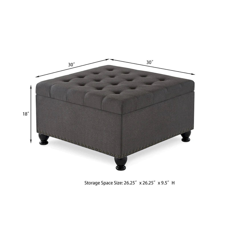 Large Square Storage Ottoman Upholstered Button Tufted Coffee Table - 30W x 30D x 18H.