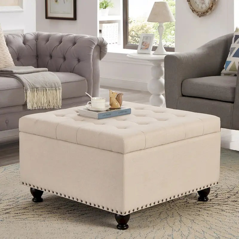Large Square Storage Ottoman Upholstered Button Tufted Coffee Table - 30W x 30D x 18H.