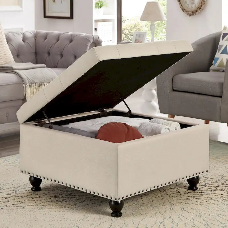 Large Square Storage Ottoman Upholstered Button Tufted Coffee Table - 30W x 30D x 18H.