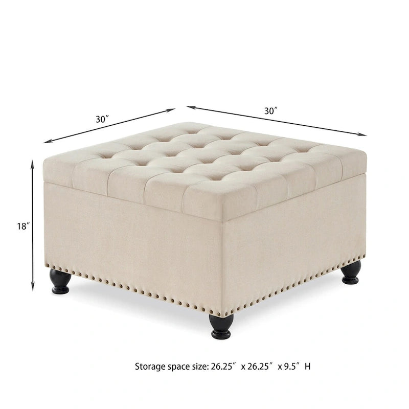 Large Square Storage Ottoman Upholstered Button Tufted Coffee Table - 30W x 30D x 18H.