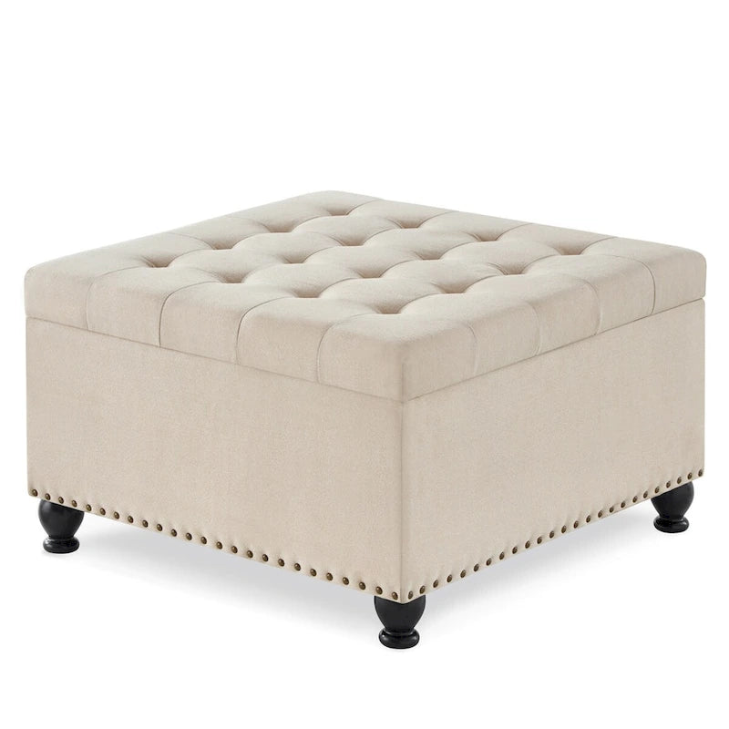 Large Square Storage Ottoman Upholstered Button Tufted Coffee Table - 30W x 30D x 18H.