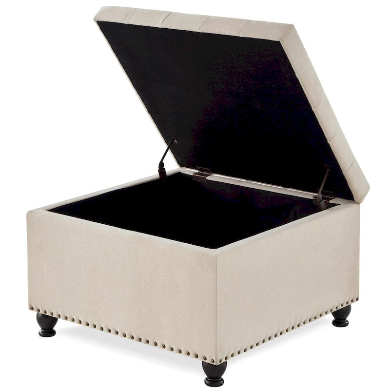 Large Square Storage Ottoman Upholstered Button Tufted Coffee Table - 30W x 30D x 18H.