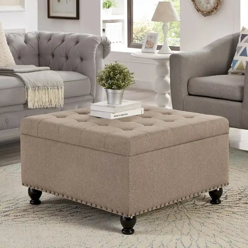 Large Square Storage Ottoman Upholstered Button Tufted Coffee Table - 30W x 30D x 18H.