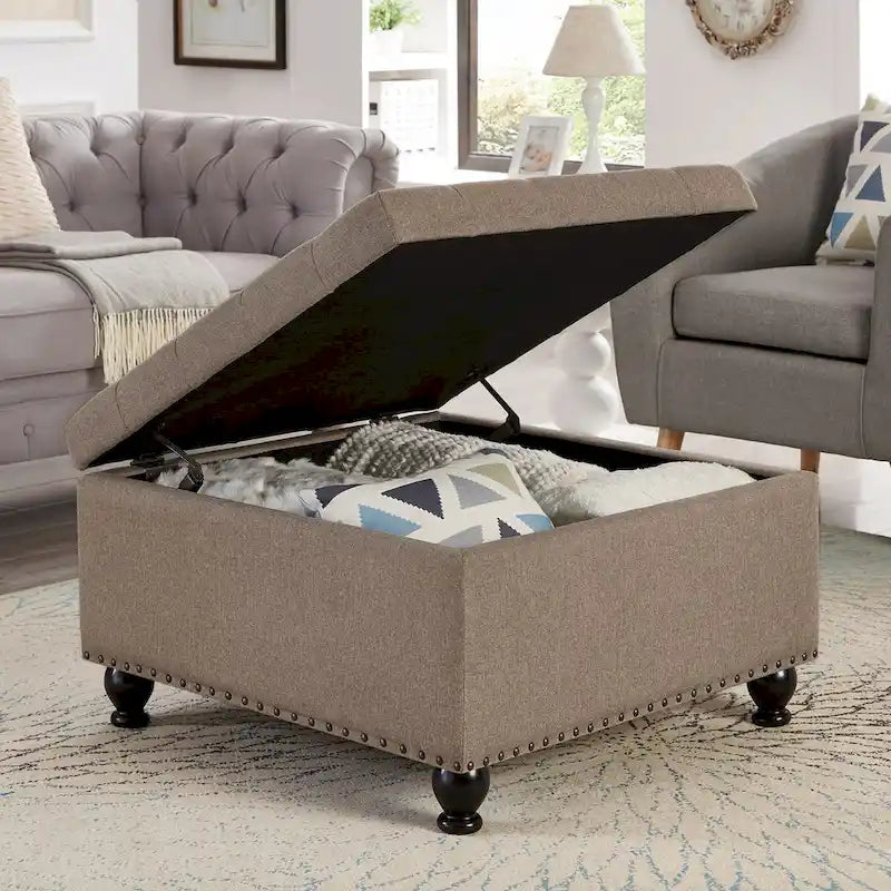 Large Square Storage Ottoman Upholstered Button Tufted Coffee Table - 30W x 30D x 18H.