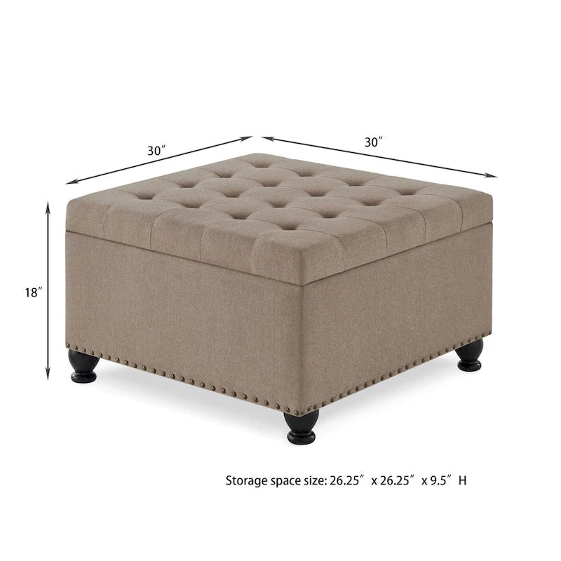 Large Square Storage Ottoman Upholstered Button Tufted Coffee Table - 30W x 30D x 18H.