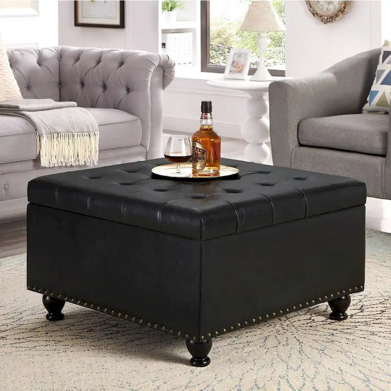 Large Square Storage Ottoman Upholstered Button Tufted Coffee Table - 30W x 30D x 18H.
