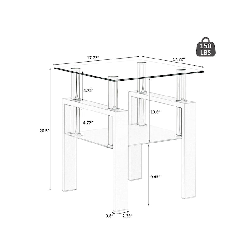 Modern Tempered Glass Tea Table Coffee Table End Table Square Table - 17.72L x 17.72 W x 20.5 H,