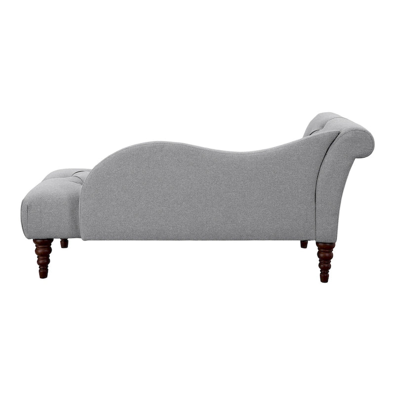 Selena 66 Inch Chaise Lounger, Tufted Gray Polyester, Brown Solid Wood