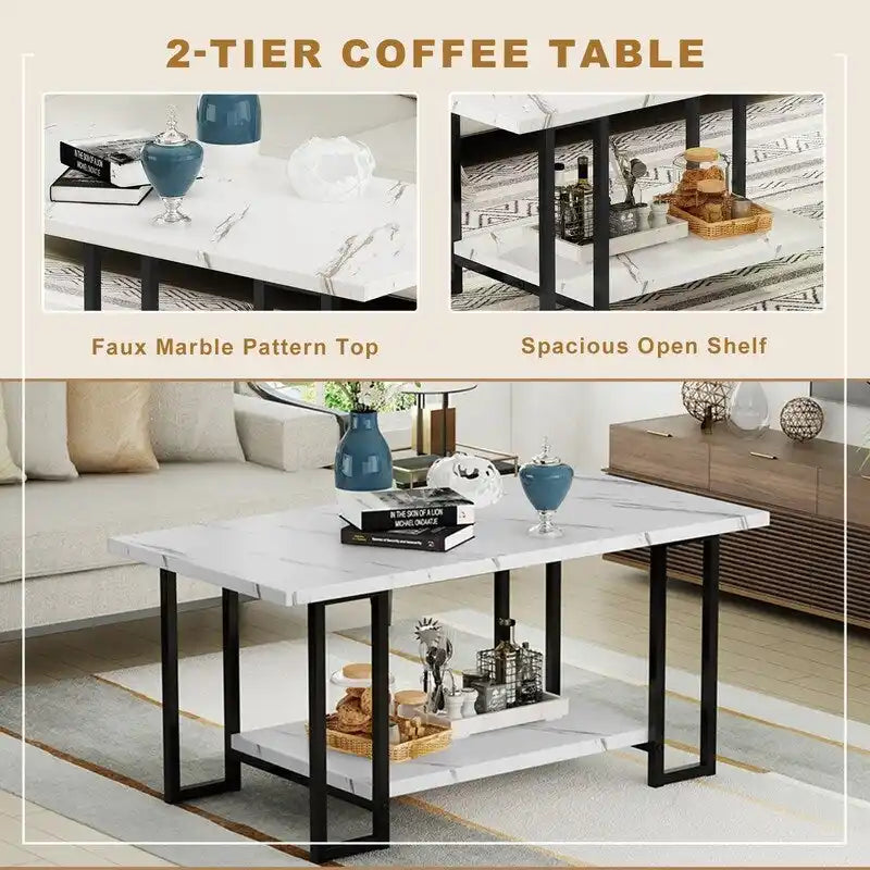 Grondin Modern Style 3-Piece Coffee Table Set with 2 End Table, Living Room Table Set of 3 with Faux Marble Tabletop