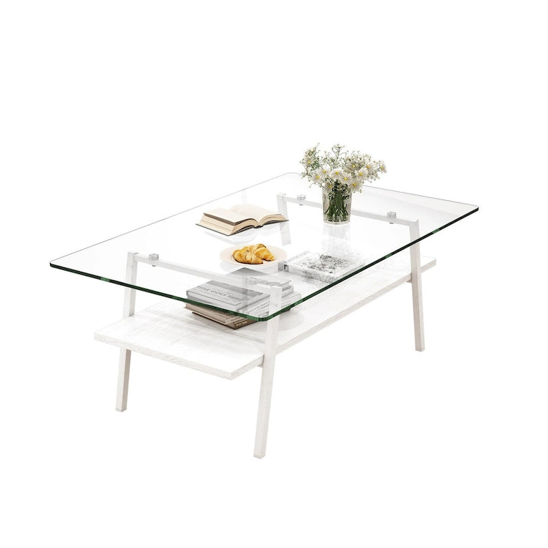Rectangle Coffee Table,Tempered Glass Tabletop with White Metal Legs,Modern Table for Living Room,Transparent Glass