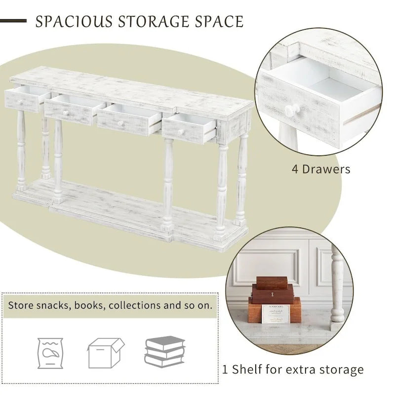 Retro Senior Console Table for Hallway Living Room Bedroom with 4 Storage Drawers and 1 Shelf