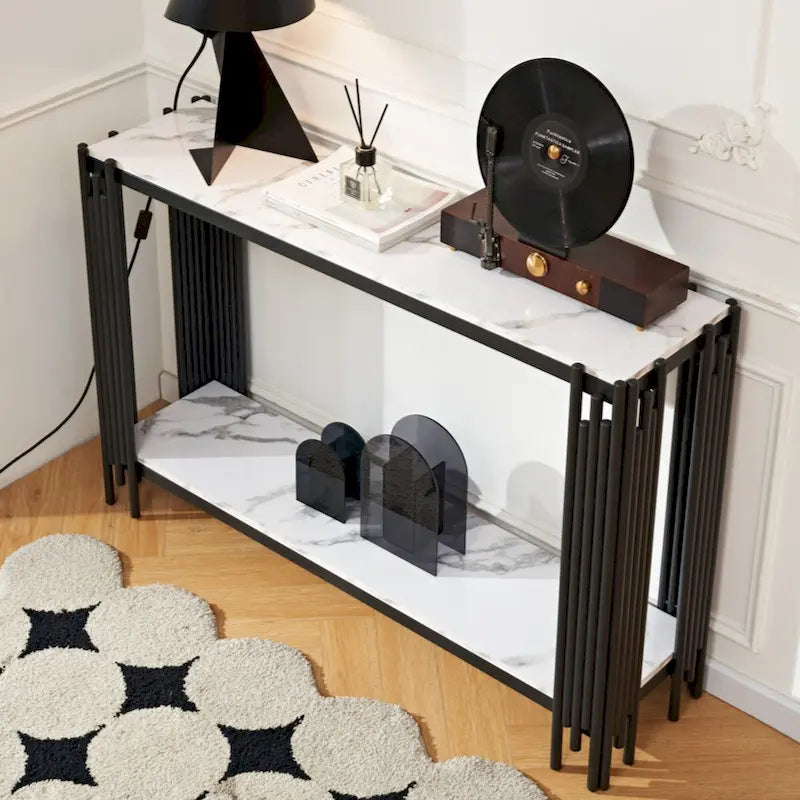 2 Tier Faux Marbling Console Table, Living Room Sofa Table, Modern Narrow Entryway Table, Hallway Entrance Table