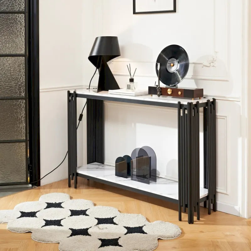 2 Tier Faux Marbling Console Table, Living Room Sofa Table, Modern Narrow Entryway Table, Hallway Entrance Table