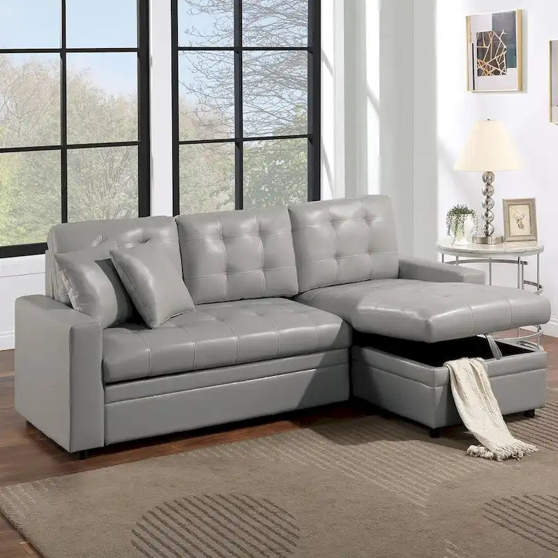 Faux Leather Convertible Sectional with Storage Space in Light Gray