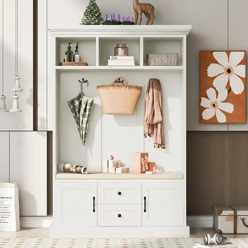 Hall Tree with 3 Hooks , Coat Hanger, Entryway Bench, Storage Bench, 3-in-1 Design, 47.2INCH, for Entrance, Hallway (Black)