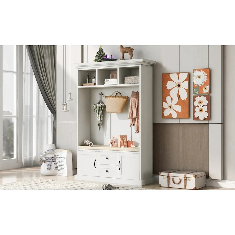 Hall Tree with 3 Hooks , Coat Hanger, Entryway Bench, Storage Bench, 3-in-1 Design, 47.2INCH, for Entrance, Hallway (Black)