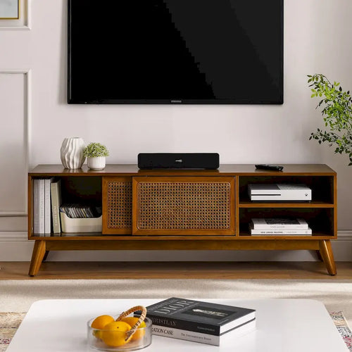 59 Inch Rattan TV Stand for 65 Inch TV,Entertainment Cabinet,Media Console,Solid Wood Feet & Rattan Cabinet Doors - Light Wood
