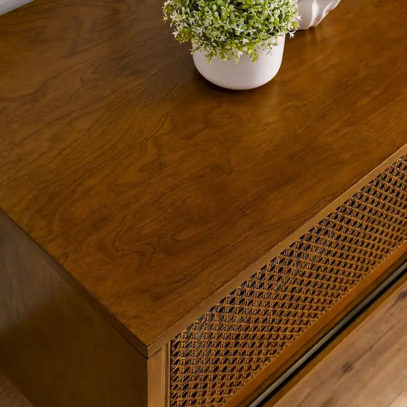 59 Inch Rattan TV Stand for 65 Inch TV,Entertainment Cabinet,Media Console,Solid Wood Feet & Rattan Cabinet Doors - Light Wood