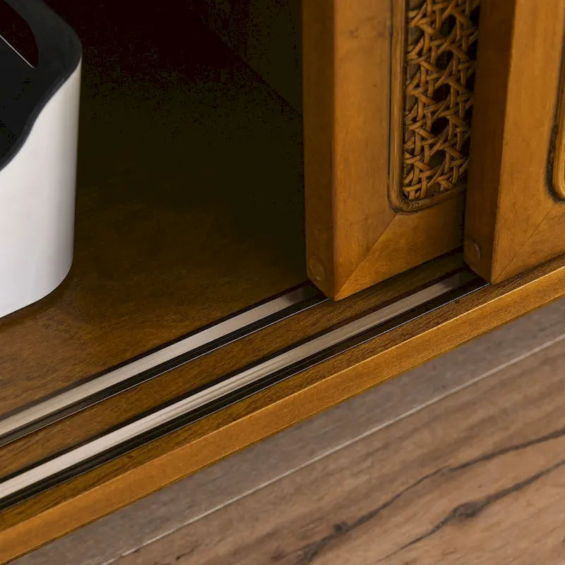 59 Inch Rattan TV Stand for 65 Inch TV,Entertainment Cabinet,Media Console,Solid Wood Feet & Rattan Cabinet Doors - Light Wood