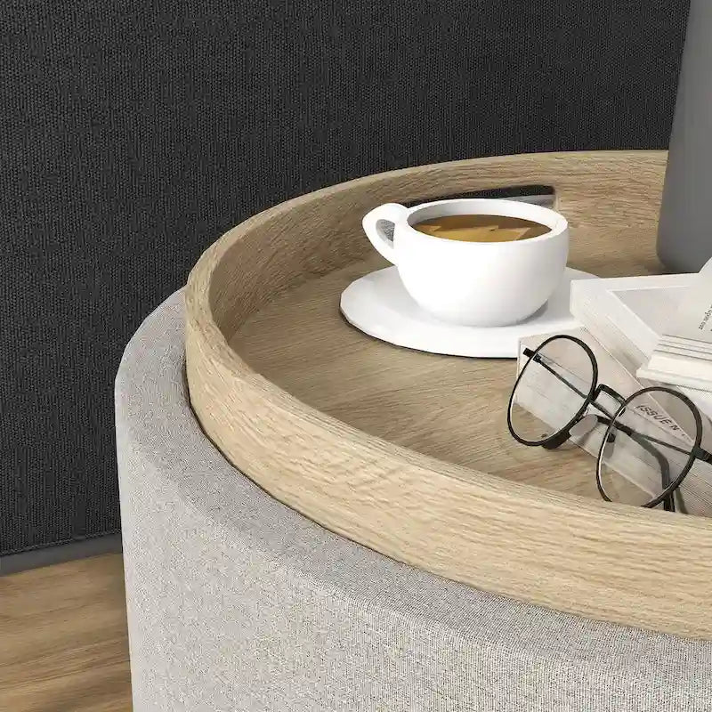 Round Storage Ottoman Coffee Table with Flip Top Tray