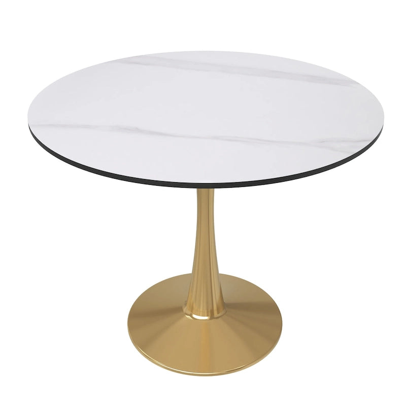 LeisureMod Bristol 31 Round Dining Table for 4 with MDF Wood Tabletop in Gold Steel Base for Kitchen & Dining Room
