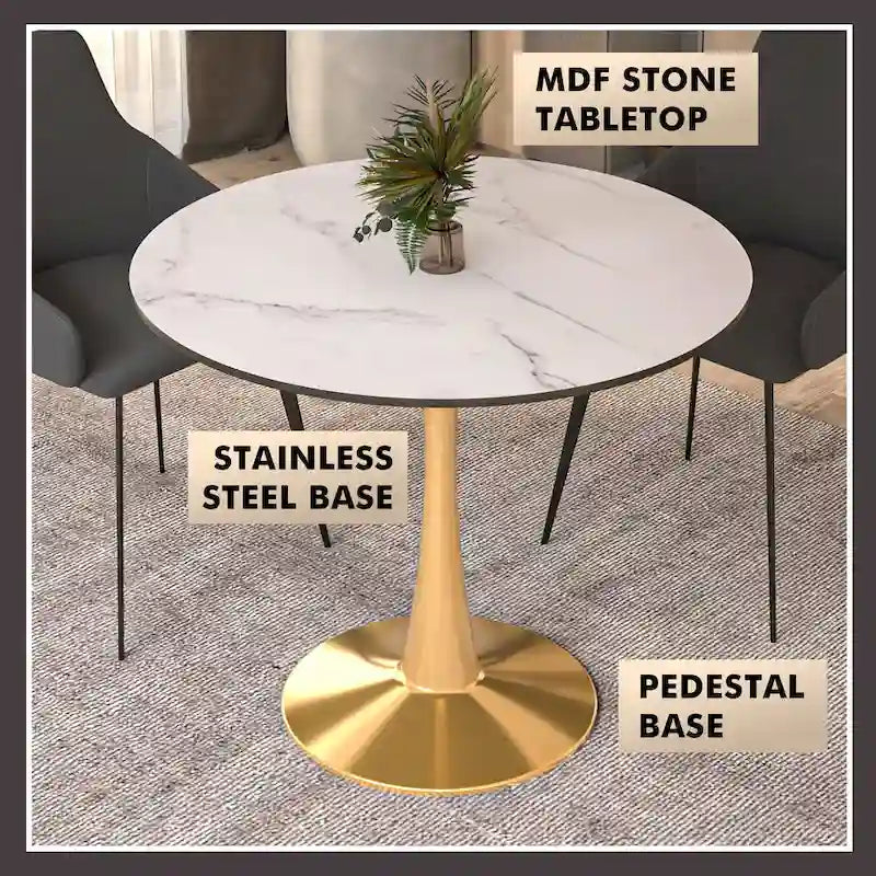 LeisureMod Bristol 31 Round Dining Table for 4 with MDF Wood Tabletop in Gold Steel Base for Kitchen & Dining Room