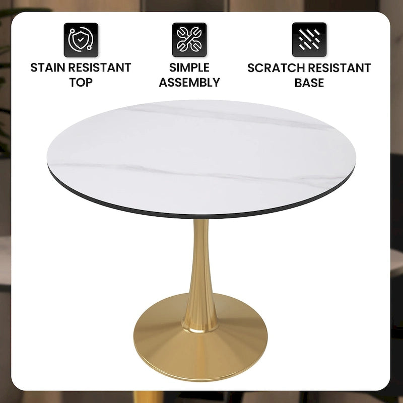 LeisureMod Bristol 31 Round Dining Table for 4 with MDF Wood Tabletop in Gold Steel Base for Kitchen & Dining Room