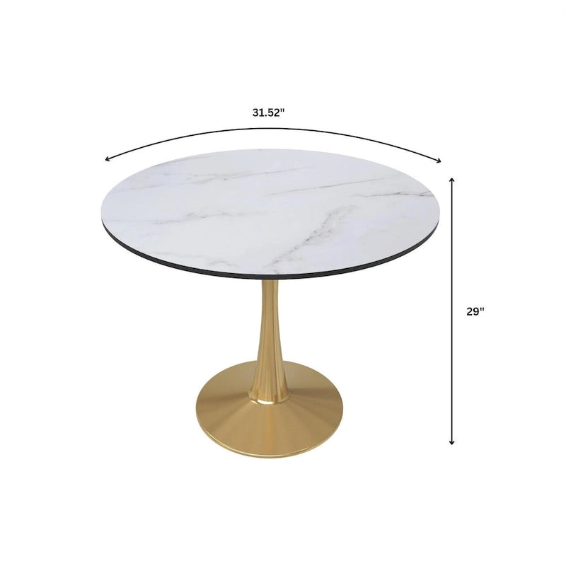 LeisureMod Bristol 31 Round Dining Table for 4 with MDF Wood Tabletop in Gold Steel Base for Kitchen & Dining Room