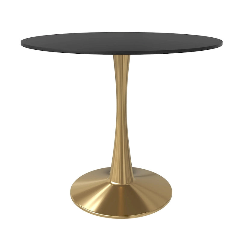 LeisureMod Bristol 31 Round Dining Table for 4 with MDF Wood Tabletop in Gold Steel Base for Kitchen & Dining Room