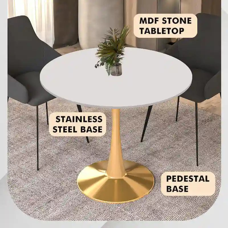 LeisureMod Bristol 31 Round Dining Table for 4 with MDF Wood Tabletop in Gold Steel Base for Kitchen & Dining Room