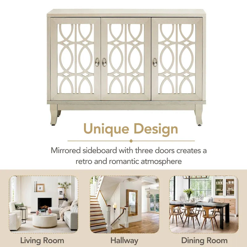 3 Door Mirrored Buffet Cabinet with Silver Handle for Living room and Dining
