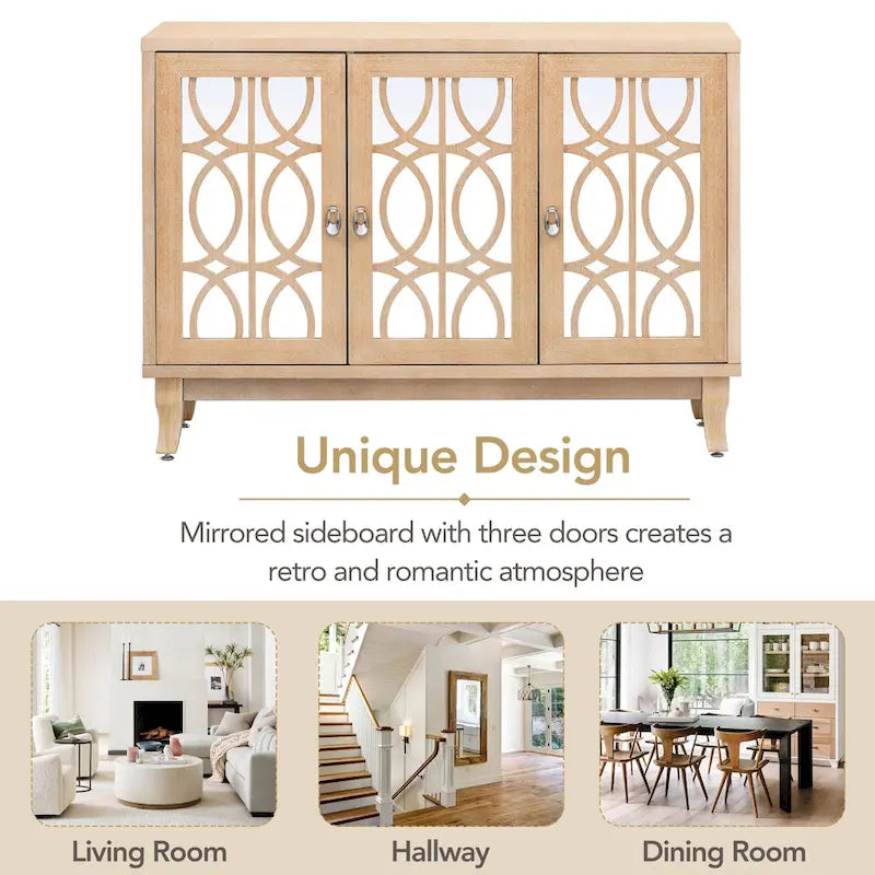 3 Door Mirrored Buffet Cabinet with Silver Handle for Living room and Dining