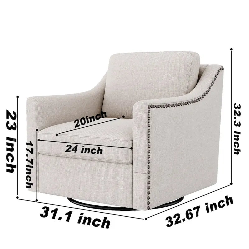 Roomfitters 360 Degree Swivel Armchair with Ergonomic Design and Brass Nail Decoration, White
