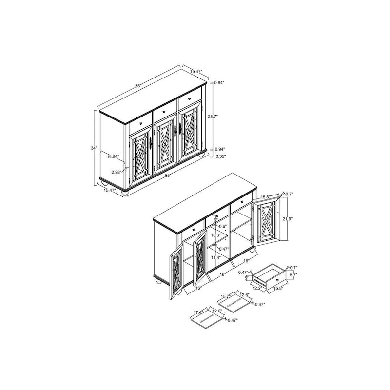 55 Vintage Style Kitchen Accent Buffet Sideboard Cabinet w/ Drawers - 55 in Width
